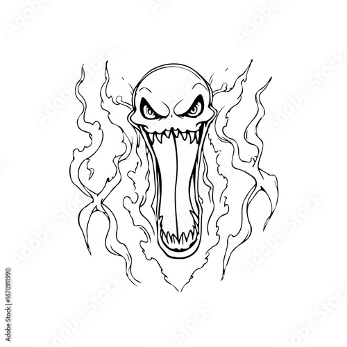 Stylized spectral being enveloped in fiery wisps a striking monochrome illustration invoking