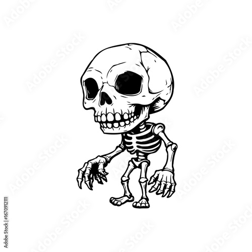 Whimsical bony figure walking through the unknown dimensions of the afterlife a cartoonish