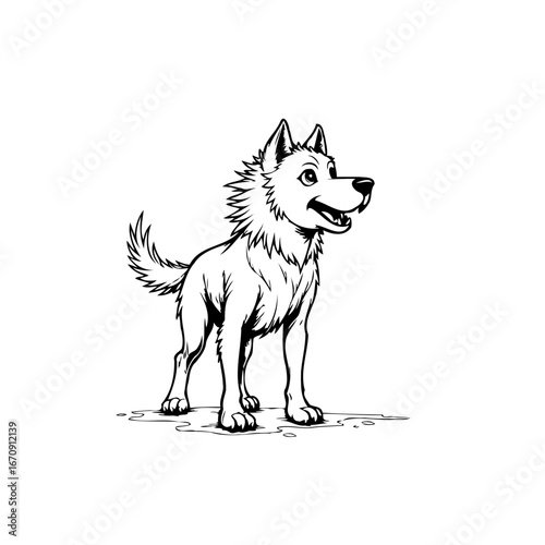 Whimsical canine companion standing attentively with alert expression ready for adventure on a