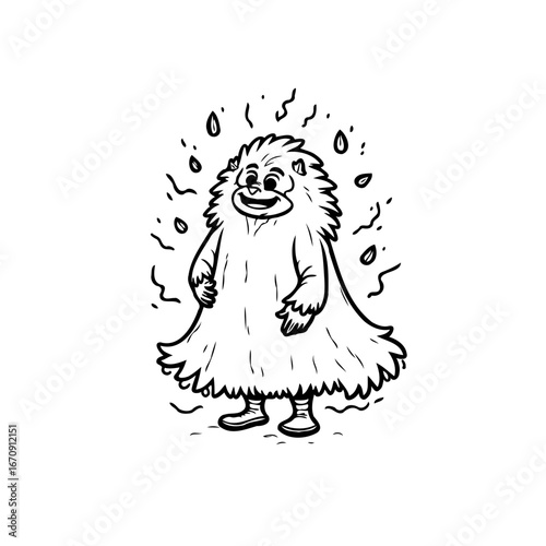 Whimsical cartoon creature joyfully embracing a light shower with playful charm and innocence
