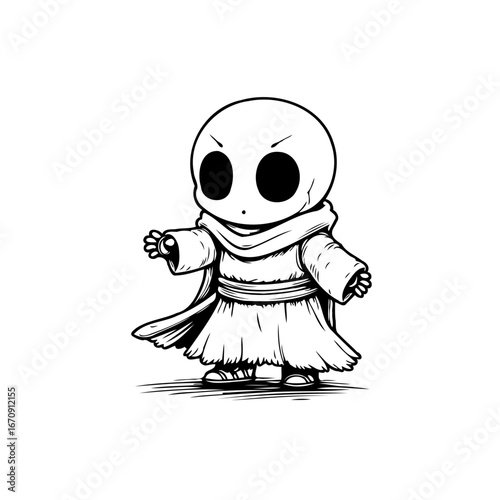 Whimsical cartoon character with a mysterious aura and minimalist design evokes feelings of