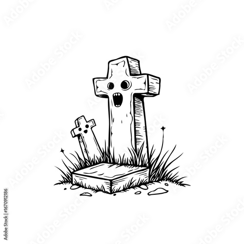 Whimsical cemetery scene with expressive tombstones surrounded by foliage in monochromatic