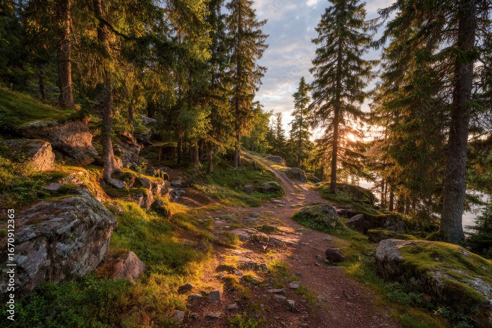 Obraz premium Sunlit forest path by a lake