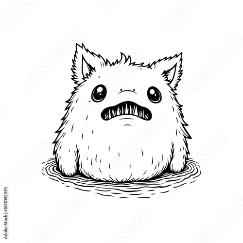 Whimsical fluffy beast rising from swirling depths a monochrome marvel illustration invoking