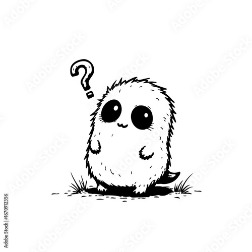 Whimsical fluffy creature illustration with quizzical expression seeking answers and wondering