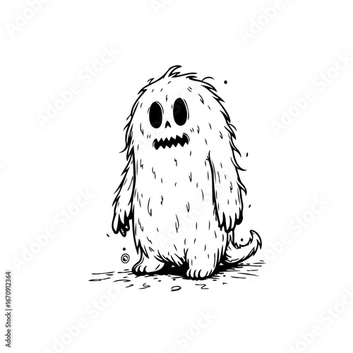 Whimsical fluffy creature with expressive eyes isolated on white background in adorable cartoon