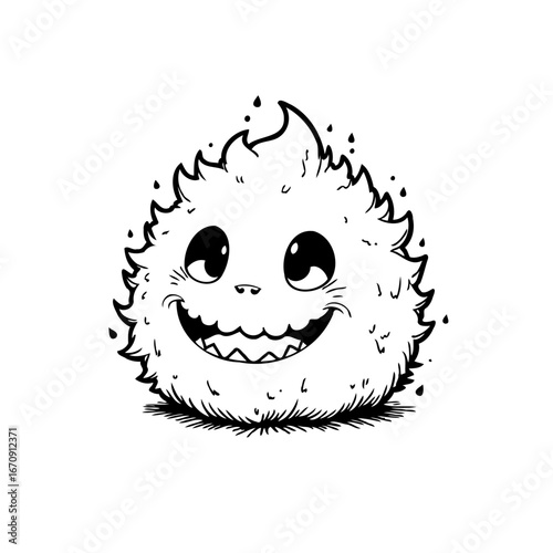 Whimsical fluffy creature with wide eyes and toothy grin conveying playful character illustration
