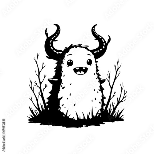 Whimsical forest creature illustration with charming expression emerging through a silhouetted