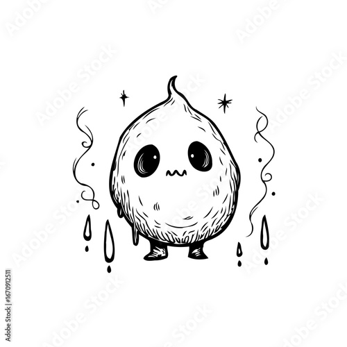 Whimsical hand drawn illustration of a ghostly creature with simplistic features evokes a sense of