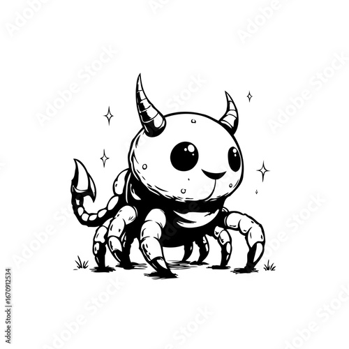 Whimsical horned arachnid illustration featuring cute facial expressions and sparkles creates a