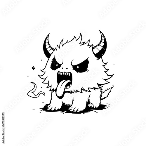 Whimsical horned creature character design with bold outlines expressing fierce emotion artwork