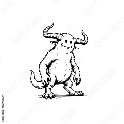 Whimsical horned creature illustration a friendly monster with a happy face and simple design for