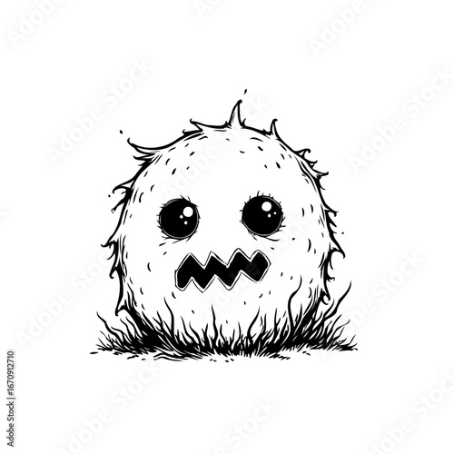 Whimsical ink drawing featuring a quirky spiky character with expressive eyes evoking playful