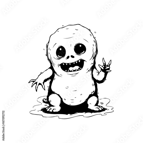 Whimsical ink drawing of a friendly blob creature with exaggerated features and simple outline