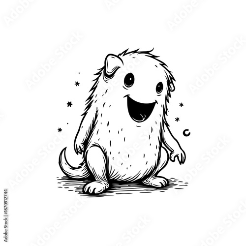 Whimsical monochrome creature illustration featuring a smiling furry monster with an innocent look
