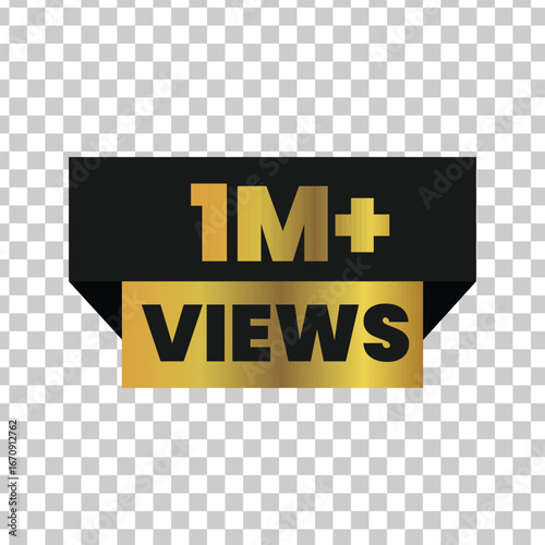 Golden 1m plus views banner with black ribbon and transparent background celebrating social media success and online content popularity