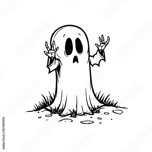 Whimsical spectral apparition in monochrome with expressive hand gestures and earthy grass-like