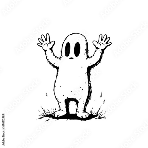 Whimsical spectral being raises its hands a simple cartoon illustration of a spooky cartoon ghost