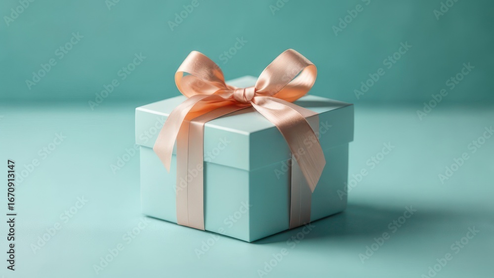 Fototapeta premium Light blue gift box with peach ribbon