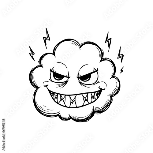 Whimsical storm cloud character with sinister grin and lightning bolts creating a sense of mischief