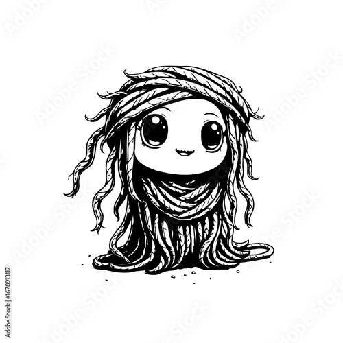 Whimsical tangle of yarn character illustration with expressive eyes conveying innocence and