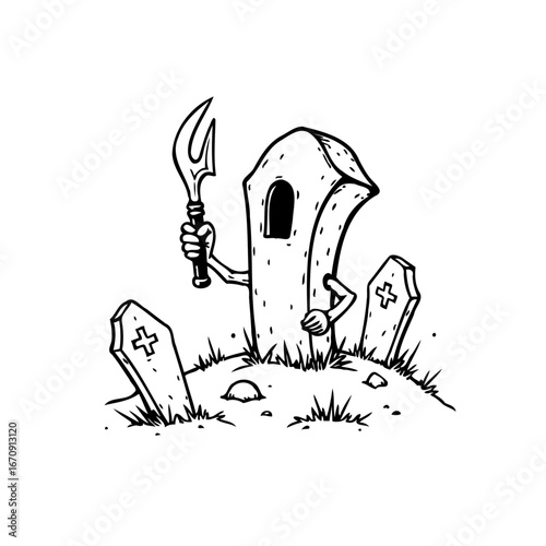 Whimsical tombstone wielding a sickle in a graveyard scene, illustration of cemetery animation