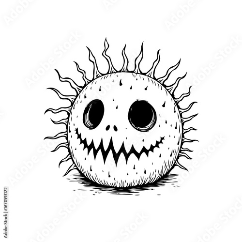 Whimsical sun character with a playful yet slightly spooky grin radiates monochrome charm offering