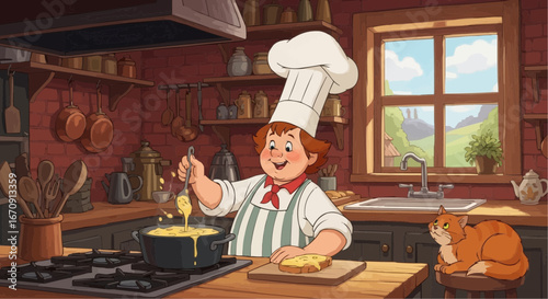 Welsh rarebit day rarebit galês vector 3 of september vector chef cooking soup in kitchen with cat cartoon illustration digital art style animation background