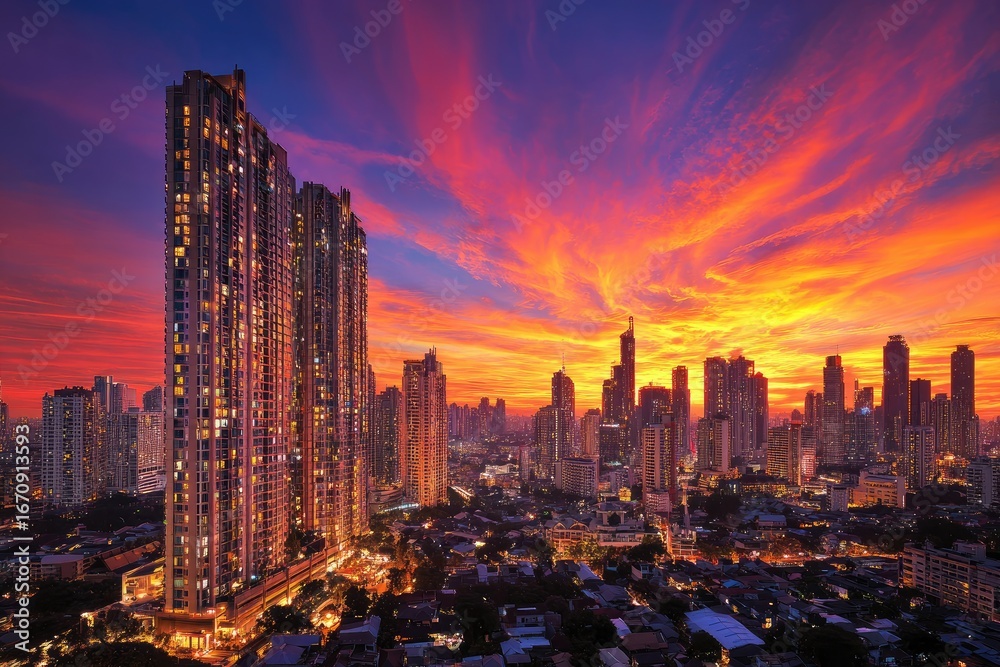 Fototapeta premium City skyline at fiery sunset. Tall buildings illuminated against a vibrant, fiery orange and pink sunset