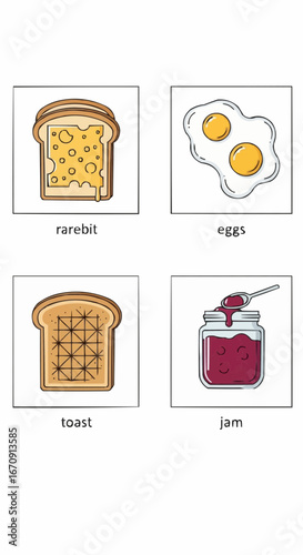 Welsh rarebit day rarebit galês vector 3 of september vector breakfast food illustration with toast, eggs, rarebit and jam perfect for recipe cards and menus 100