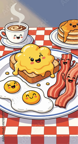 Welsh rarebit day rarebit galês vector 3 of september vector cute breakfast illustration with pancakes, eggs, bacon and coffee, perfect for a morning meal design