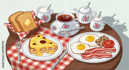 Welsh rarebit day rarebit galês vector 3 of september vector delicious breakfast food illustration with toast eggs bacon tea and cake on wooden table top view style art