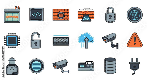 A complete collection of modern flat design icons for cybersecurity, data protection, network security, and digital privacy, illustrating essential concepts for technology platforms