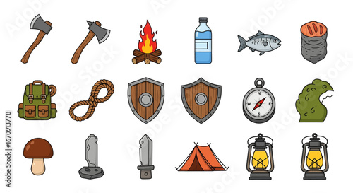 Vibrant collection of cartoon outdoor adventure icons, featuring essential camping gear, survival tools, and exploration elements for a thrilling wilderness journey and discovery