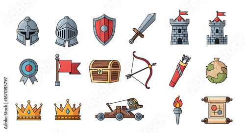 A vibrant collection of ancient kingdom artifacts and noble warrior equipment, perfect for crafting epic fantasy tales and unraveling historical quests through design