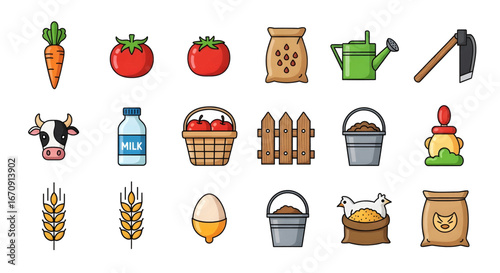Collection of farming and agriculture vector icons. Highlights fresh produce, cultivation tools, and rural life elements for digital design projects