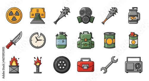 Vector icon set depicting essential survival gear and crucial resources for a post-apocalyptic world, ideal for modern game interfaces and diverse digital applications