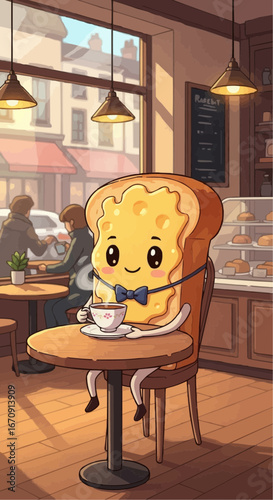 Welsh rarebit day rarebit galês vector 3 of september vector cute toast character drinking coffee in cafe illustration breakfast food cartoon bakery shop kawaii art design