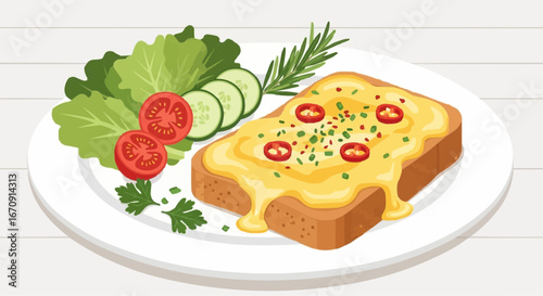 Welsh rarebit day rarebit galês vector 3 of september vector delicious cheese toast recipe with fresh salad tomato cucumber and rosemary for breakfast or brunch idea