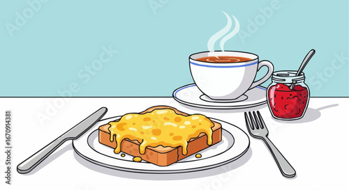 Welsh rarebit day rarebit galês vector 3 of september vector delicious breakfast toast with cheese and jam served with coffee perfect morning meal illustration