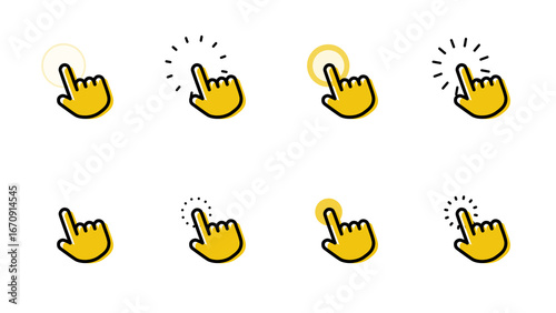 Billede på lærred Pack of eight yellow hand mouse pointer icons