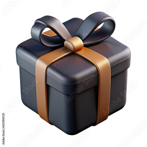 Dark gift box with gold ribbon isolated on transparent background