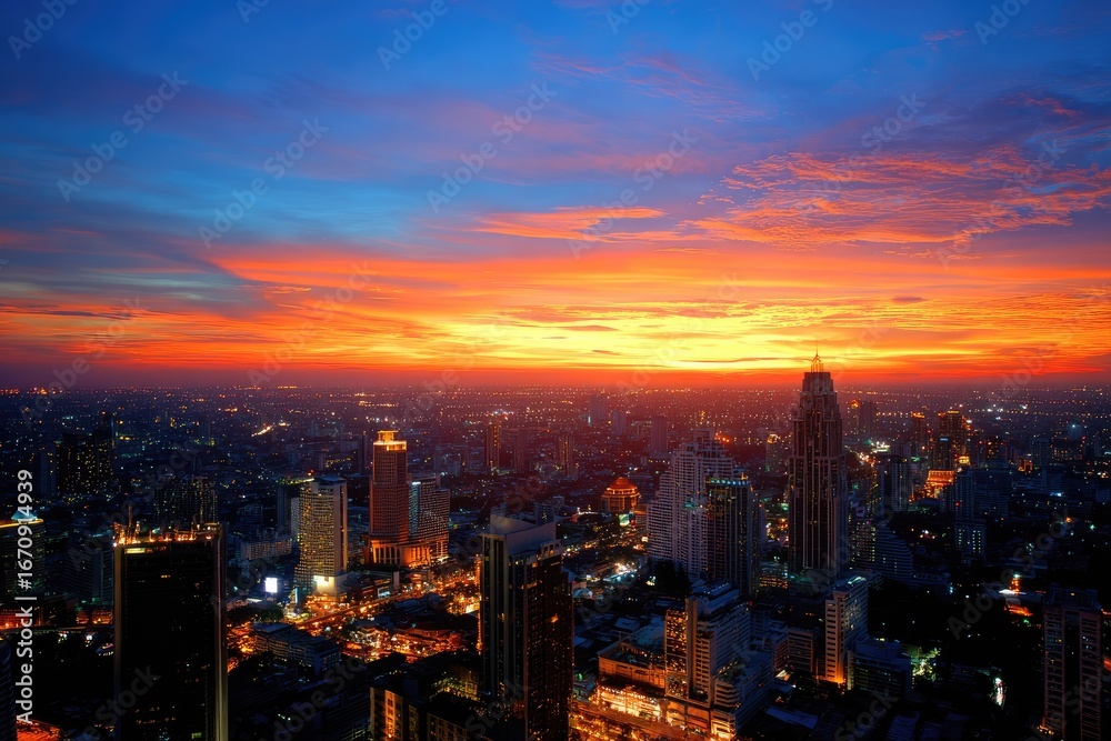 Obraz premium City skyline at sunset. Vivid colors of orange and red sunrise over illuminated urban landscape