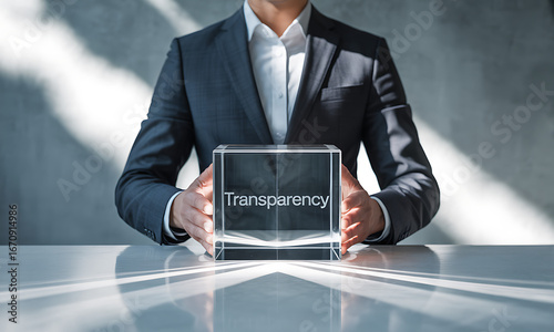 Businessman holding a transparent glass cube with the word transparency in modern office