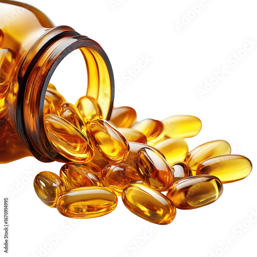 Pile of Fish Oil Pills in a Bottle on White Background