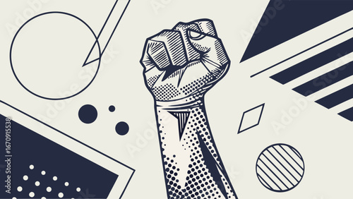 A Raised Fist in Abstract Geometric Design.