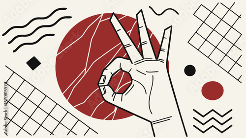 Abstract Hand Gesture Okay Sign with Geometric Shapes and Red Circle Background.