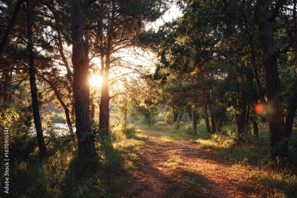 Naklejka premium Sunlight streams through a tranquil forest path
