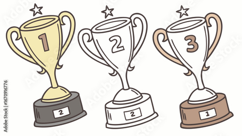 Cartoon Trophy Set First Second and Third Place Awards.