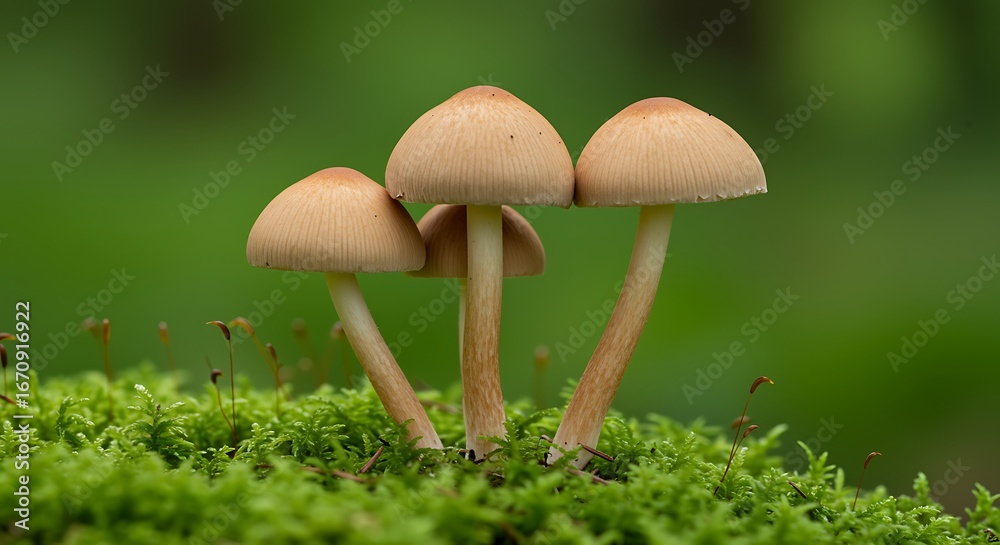 Fototapeta premium Cluster of Small Brown Cap Mushrooms Growing on Green Moss fungi fungus